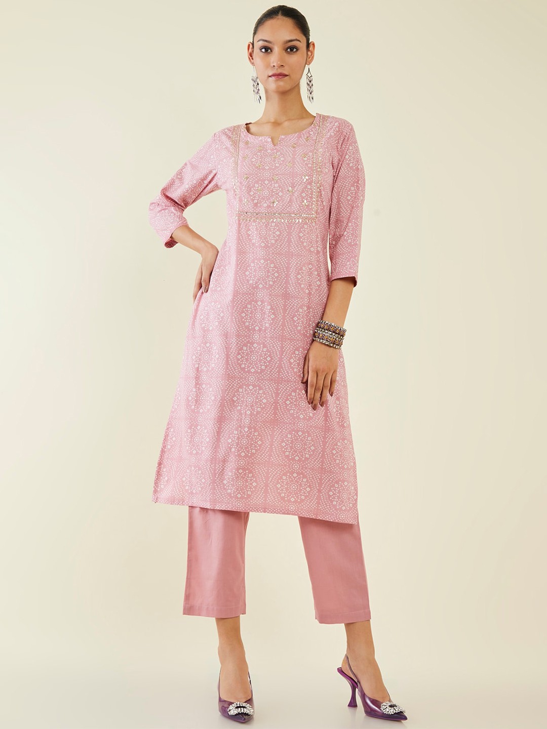 

Soch Notch Neck Bandhani Printed Gotta Patti Pure Cotton Kurta With Trousers, Pink