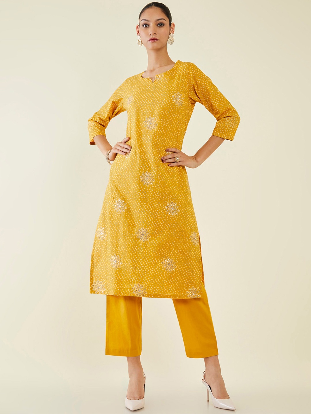 

Soch Round Neck Bandhani Printed Gotta Patti Pure Cotton Kurta With Trousers, Mustard