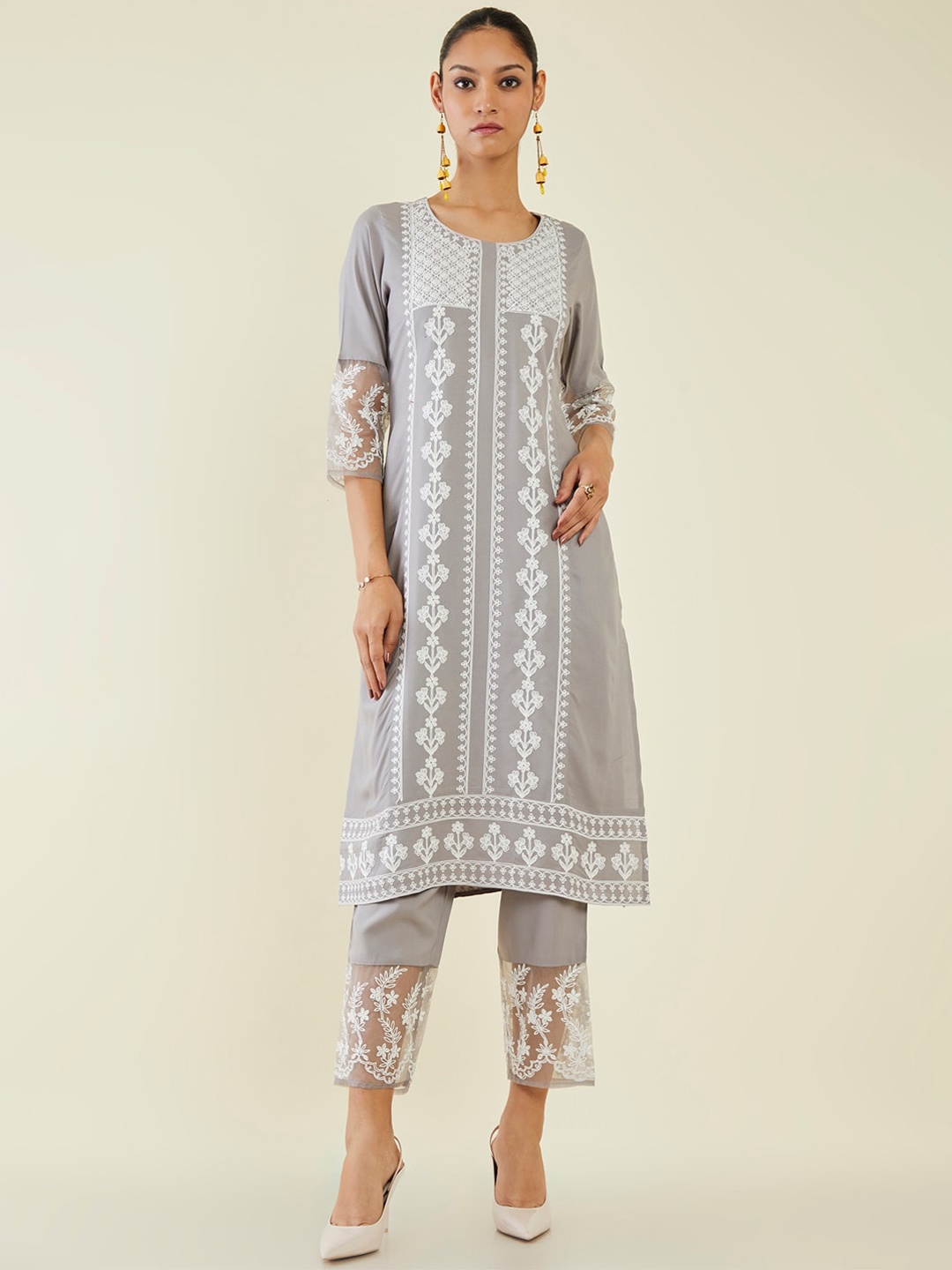 

Soch Round Neck Floral Embroidered Kurta With Trousers, Grey