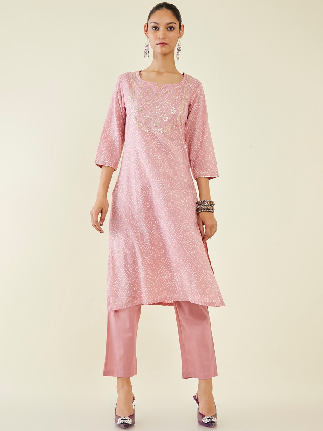 

Soch Notch Neck Bandhani Printed Gotta Patti Pure Cotton Kurta With Trousers, Pink