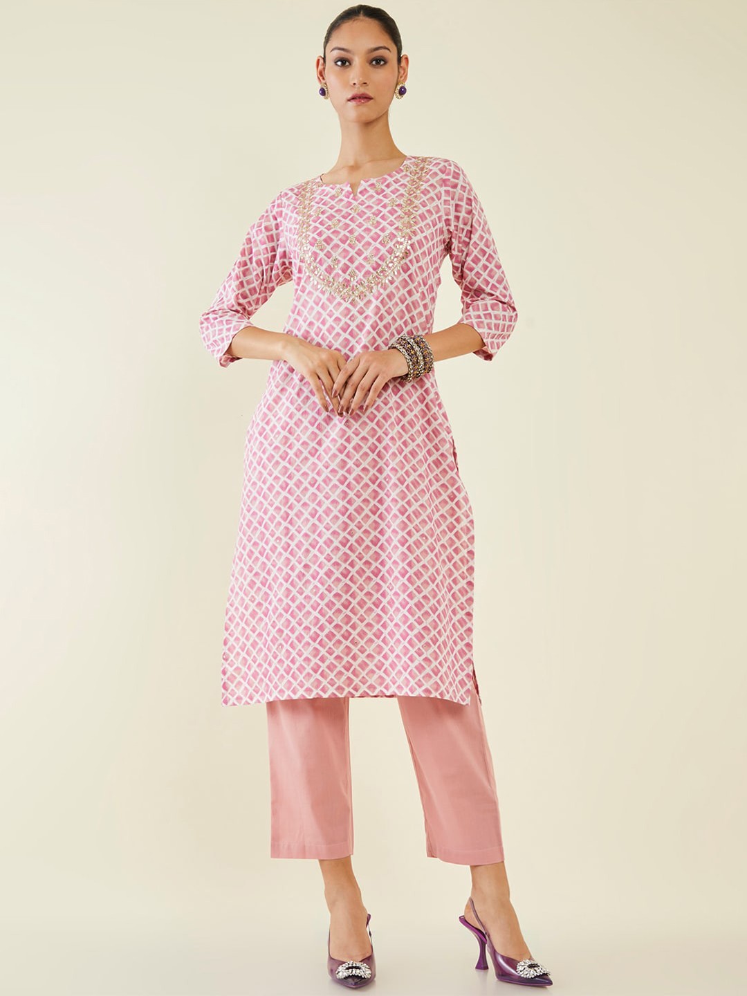 

Soch Embroidered Pure Cotton Straight Kurta with Trousers, Pink