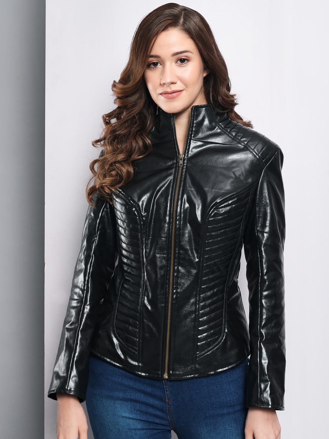 

Darzi Women Mock Collar Biker Jacket, Black
