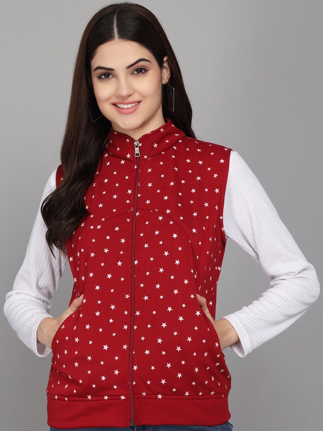 

Darzi Women Graphic Printed Sleeveless Cotton Puffer Jacket, Maroon