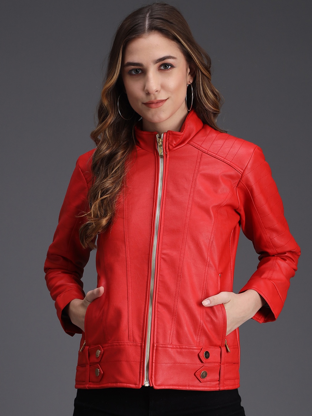 

Darzi Women Solid Biker Jacket, Red