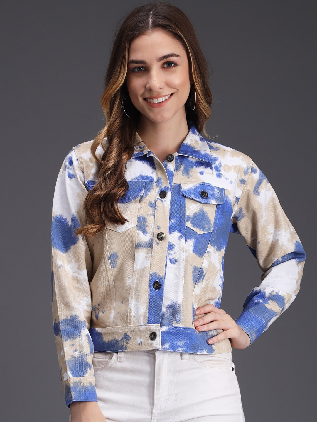 

Darzi Women Abstract Printed Cotton Denim Jacket, Beige