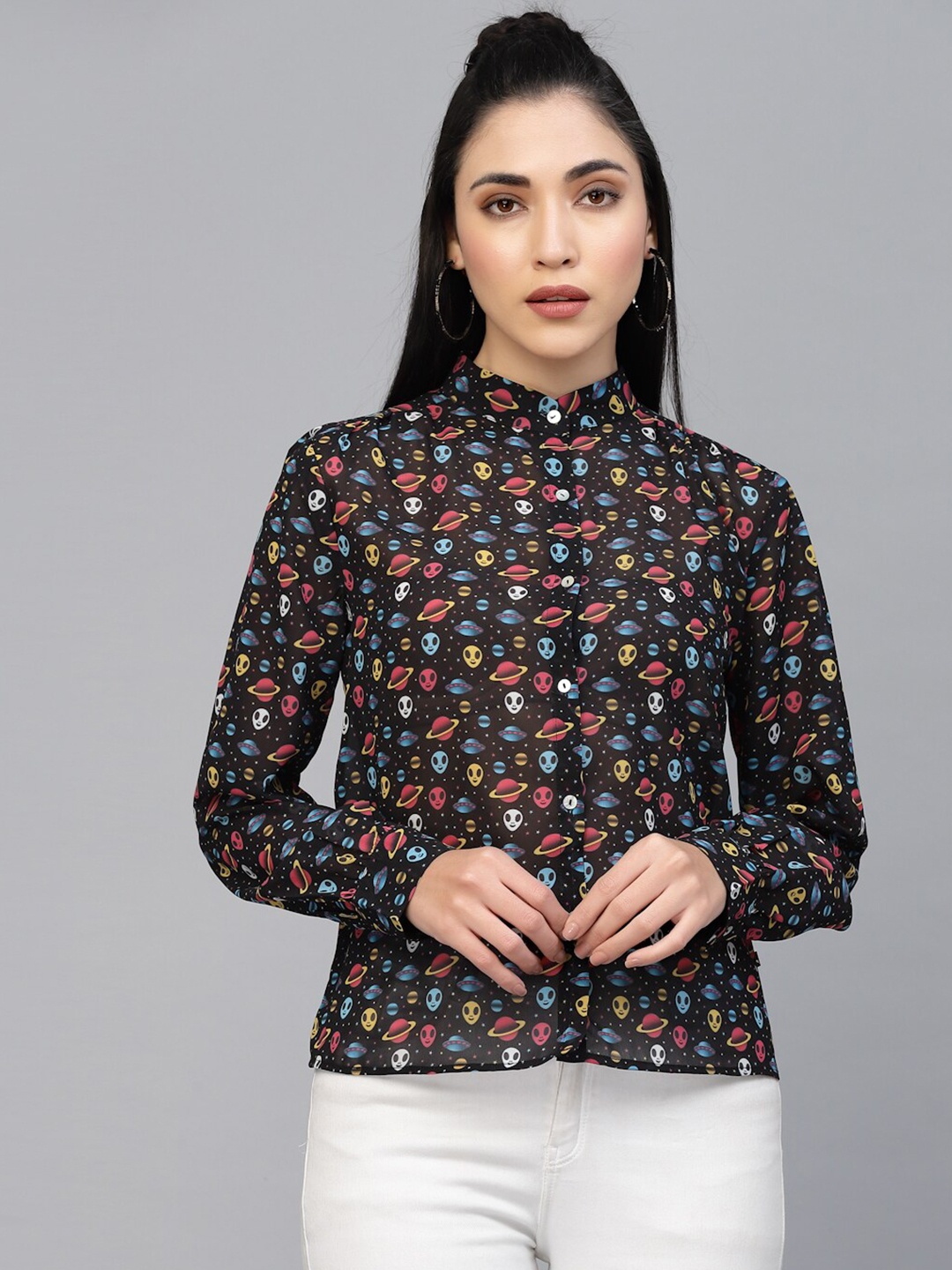 

VALBONE Comfort Conversational Printed Mandarin Collar Casual Shirt, Black