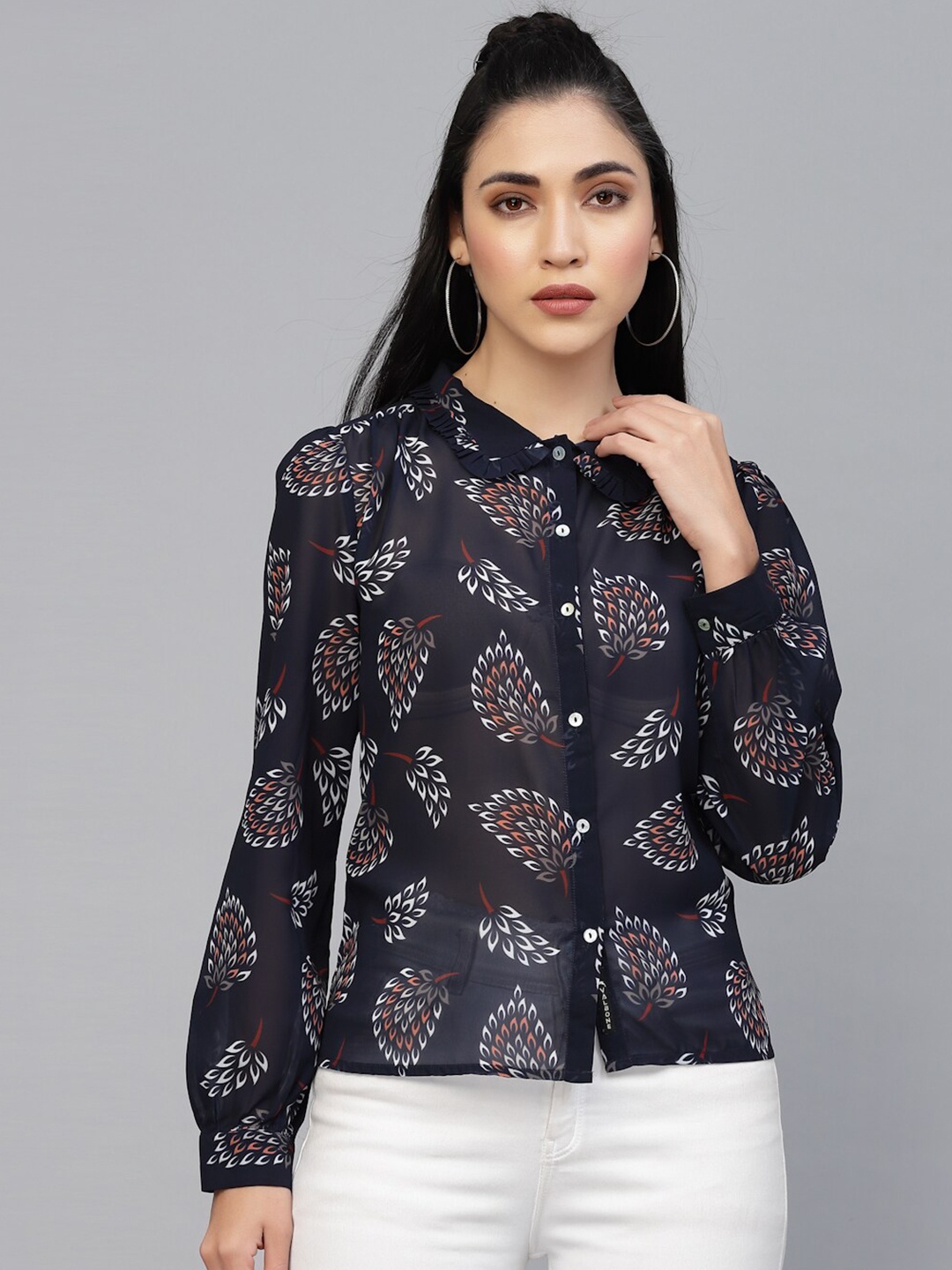 

VALBONE Women Comfort Floral Semi Sheer Printed Casual Shirt, Navy blue