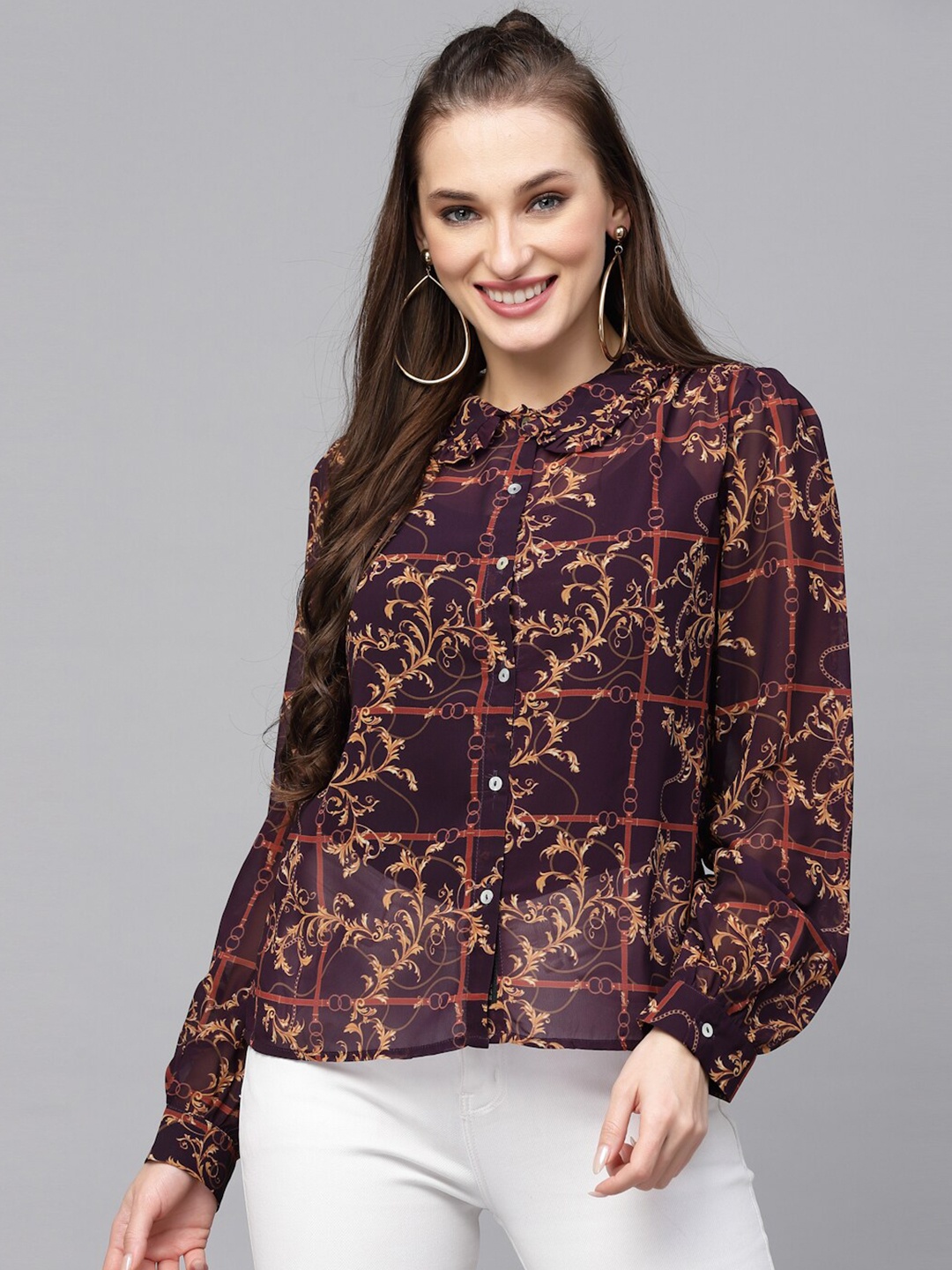 

VALBONE Comfort Semi Sheer Floral Printed Casual Shirt, Purple