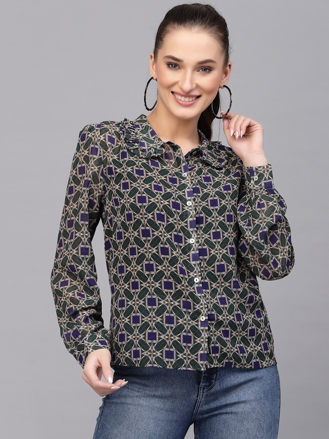 

VALBONE Women Comfort Semi Sheer Printed Casual Shirt, Blue
