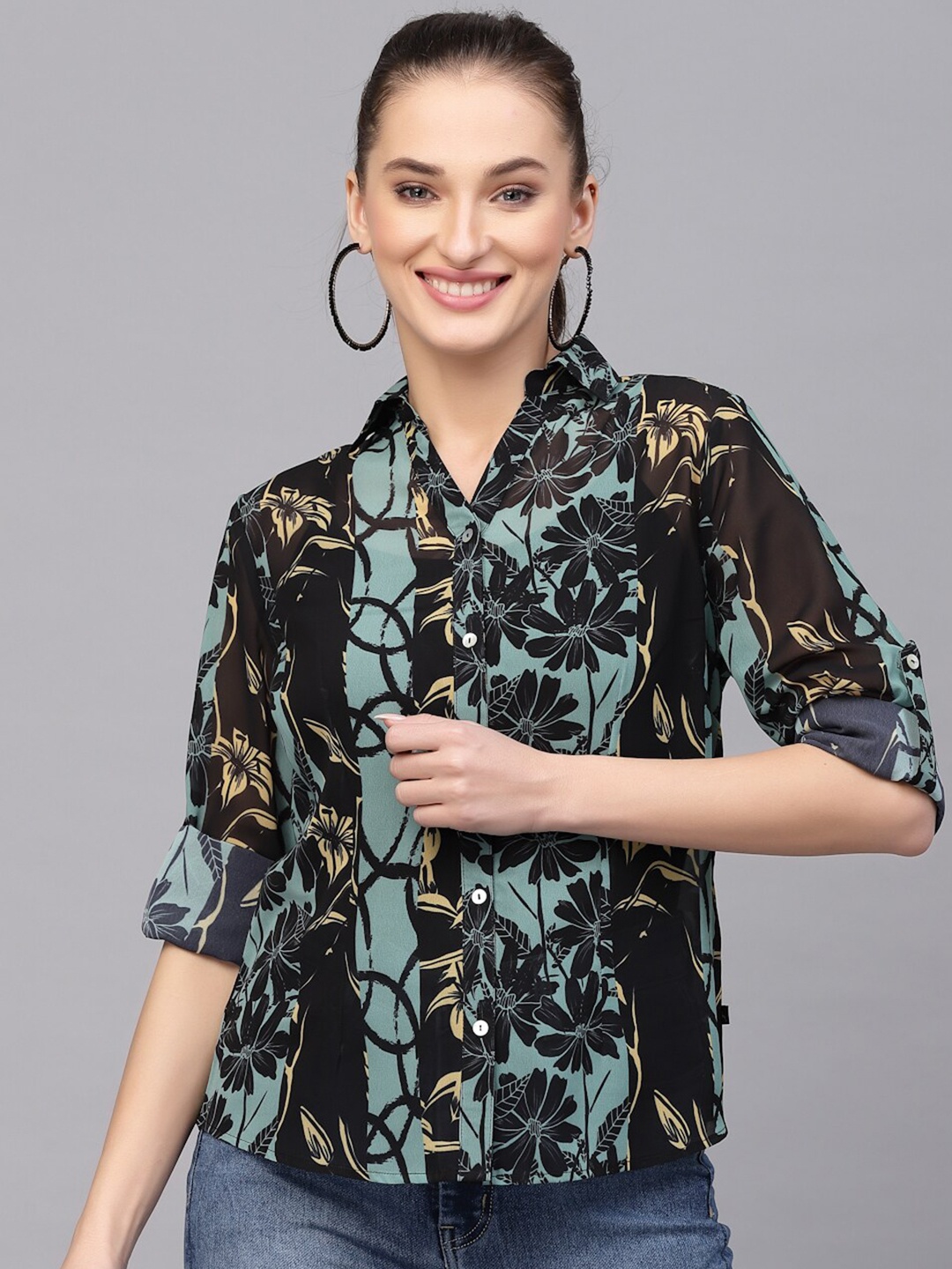 

VALBONE Comfort Floral Semi Sheer Printed Casual Shirt With Strip, Multi