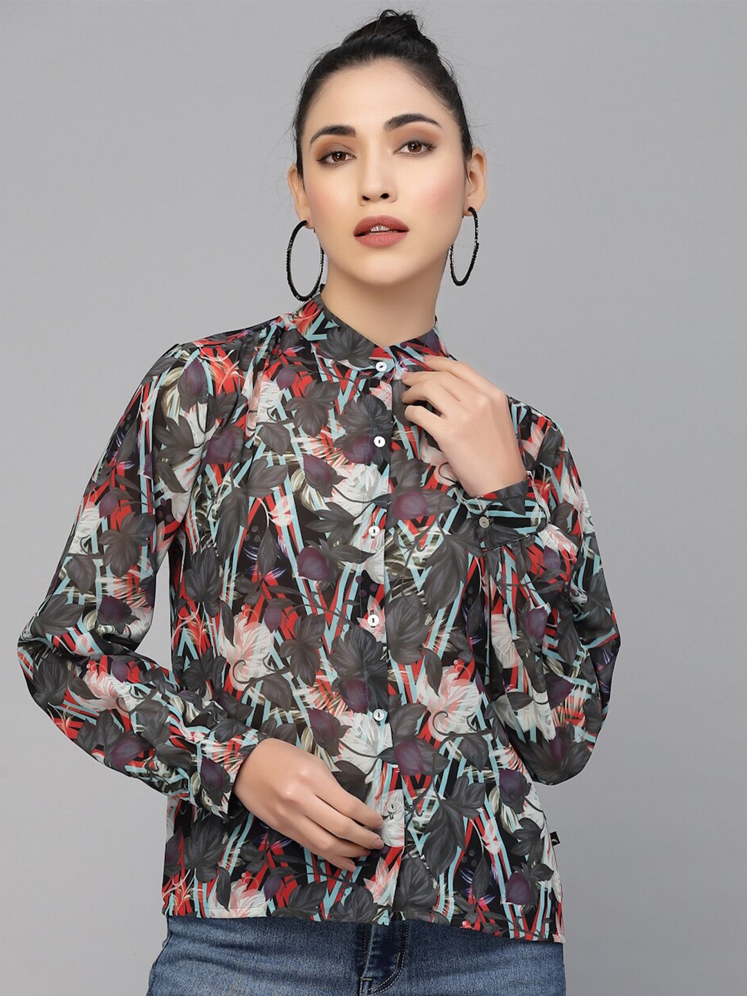 

VALBONE Comfort Floral Semi Sheer Printed Casual Shirt, Grey