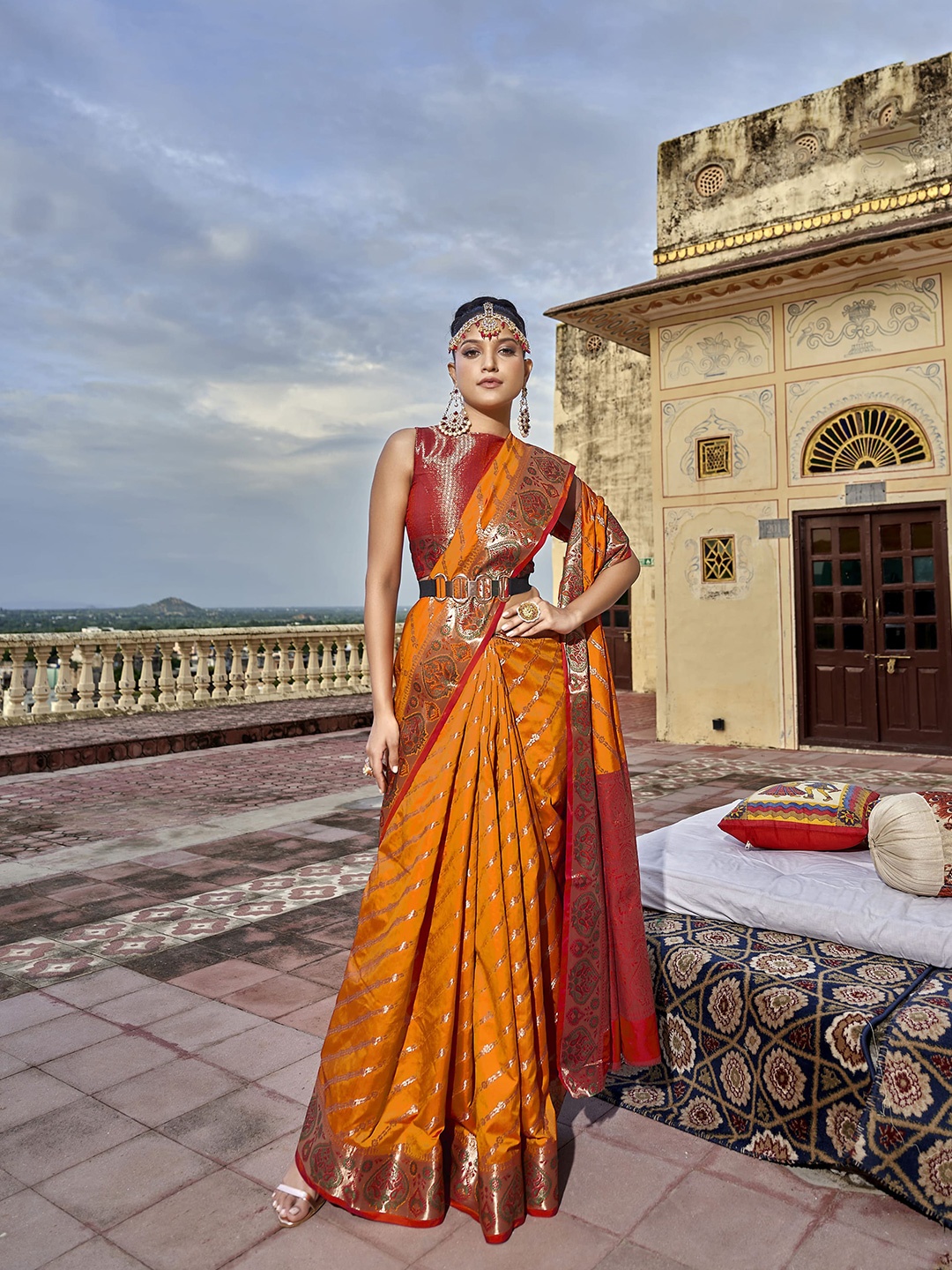 

elora Floral Woven Design Zari Patola Saree, Mustard
