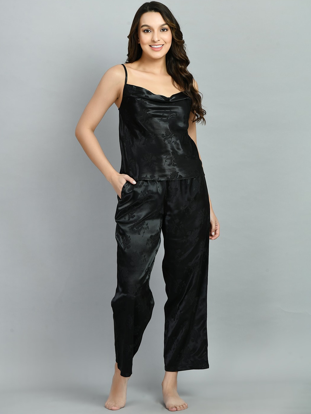 

PRETTY LOVING THING Floral Printed Satin Night Suit, Black