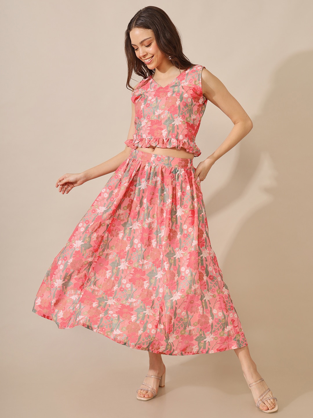

Saaki Printed Top and Flared Midi Skirt Co-Ords, Peach