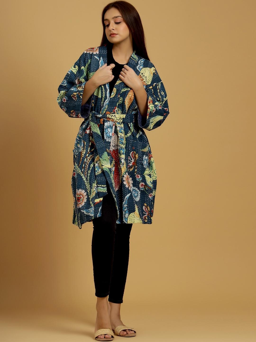 

HANDICRAFT PALACE Women Printed Pure Cotton Bath Robe With Belt, Blue