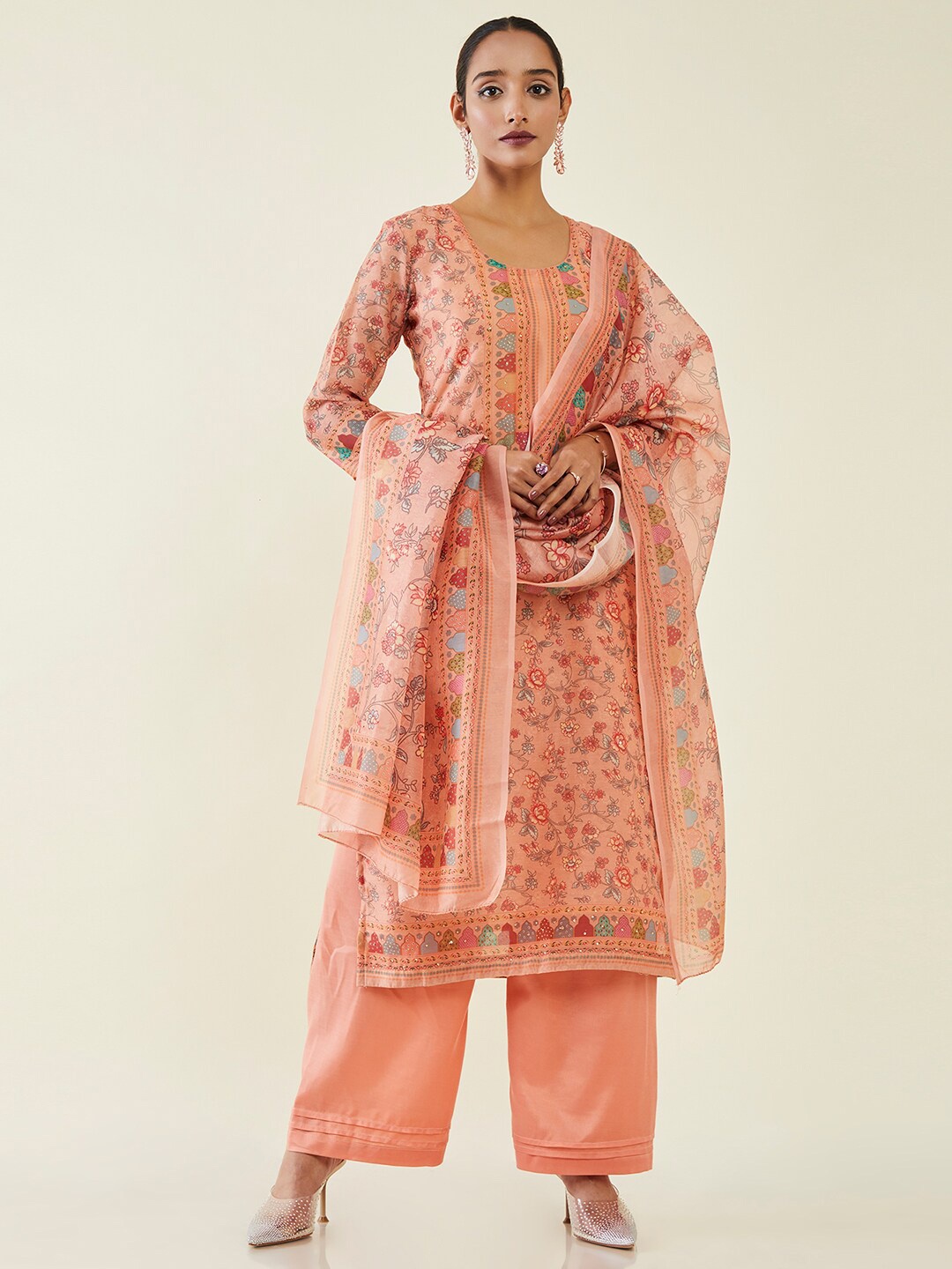 

Soch Printed Beads & Stones Pure Silk Unstitched Dress Material, Peach
