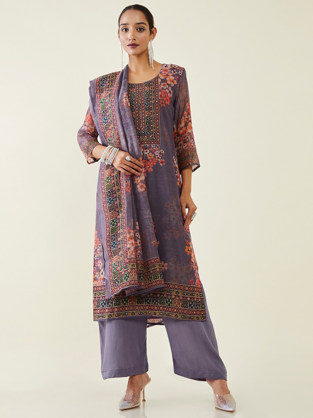 

Soch Floral Printed Beads & Stones Pure Silk Unstitched Dress Material, Grey