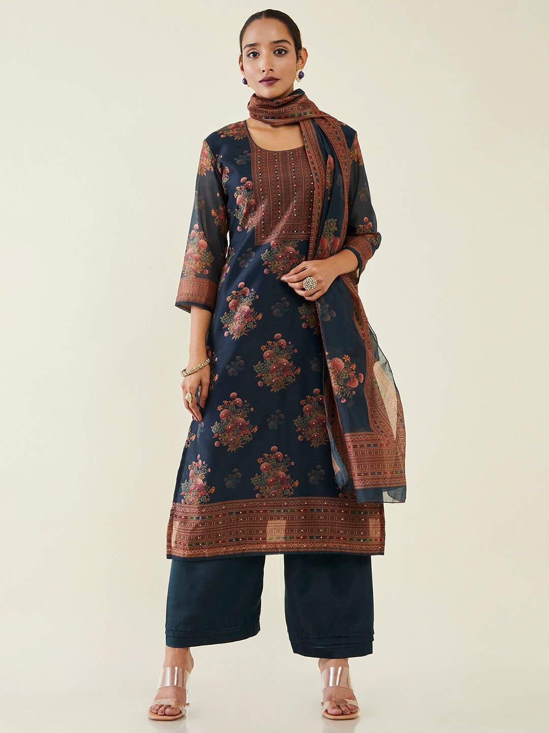 

Soch Printed Beads & Stones Pure Silk Unstitched Dress Material, Teal