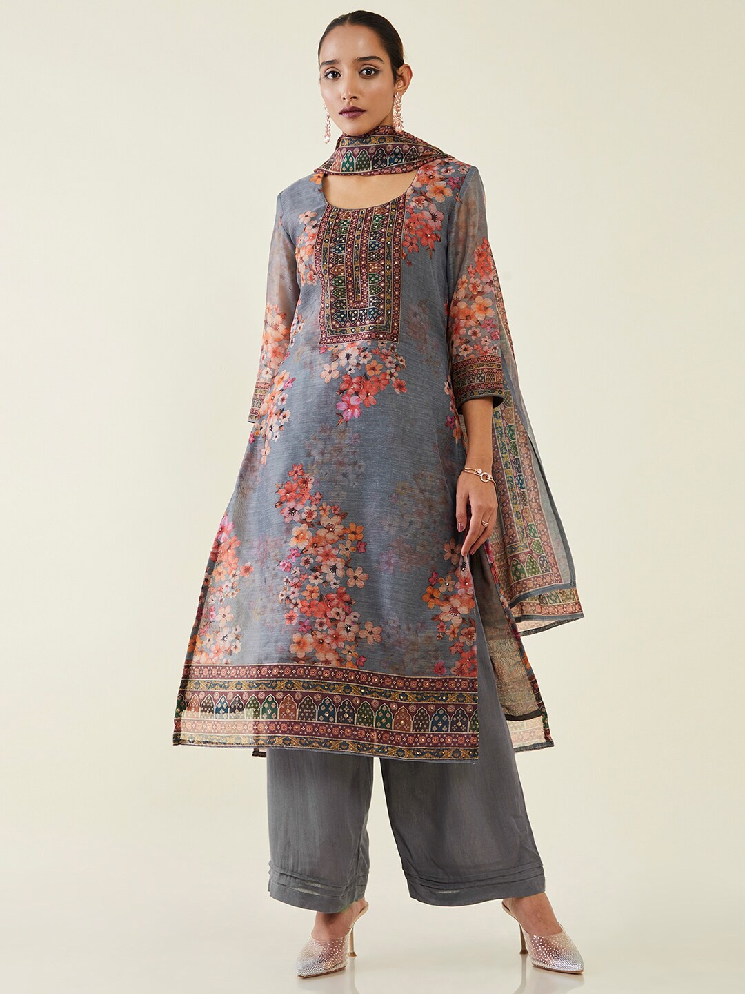 

Soch Printed Beads & Stones Pure Silk Unstitched Dress Material, Grey