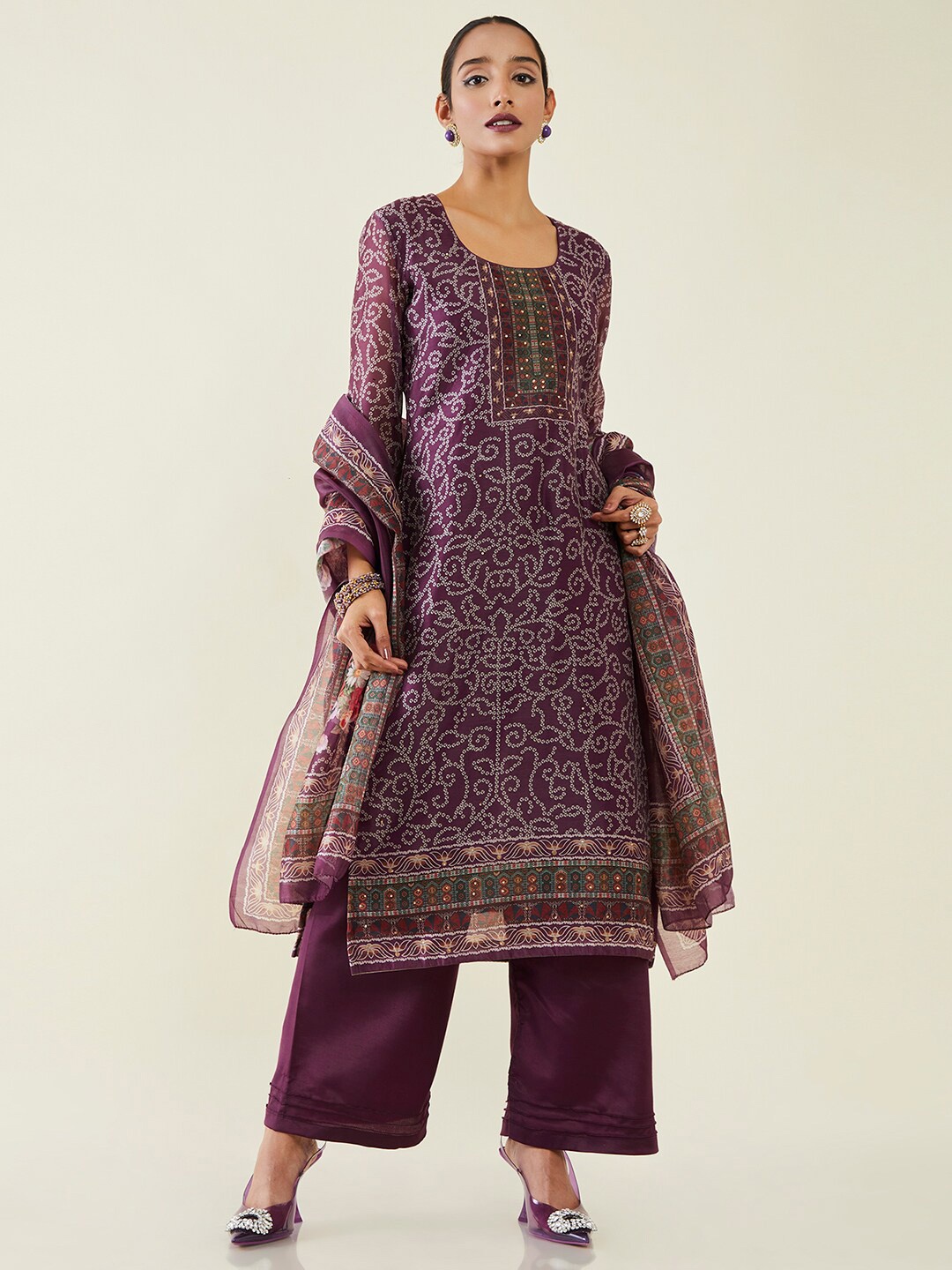 

Soch Printed Beads & Stones Organza Unstitched Dress Material, Red