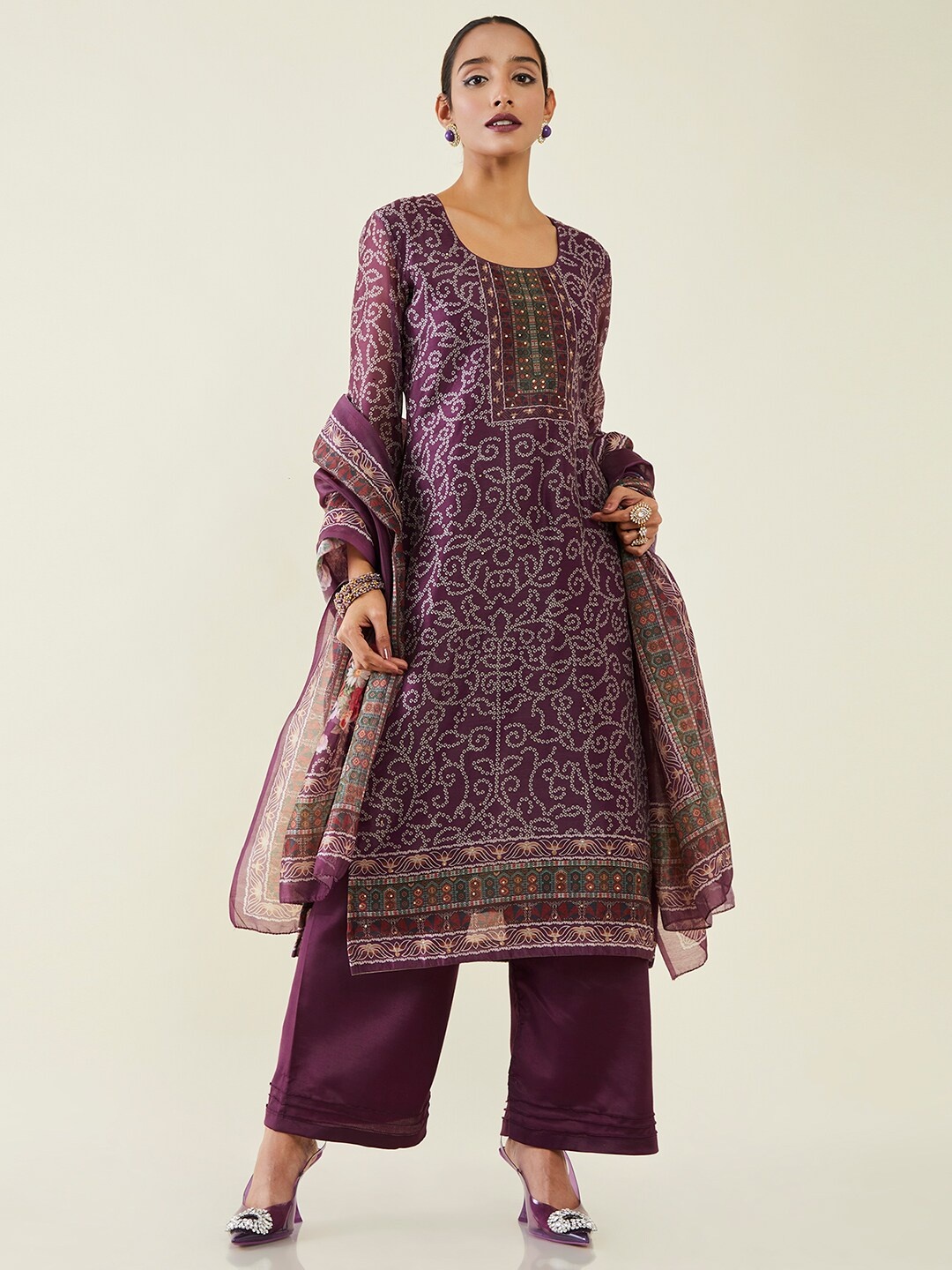 

Soch Printed Beads & Stones Pure Silk Unstitched Dress Material, Purple