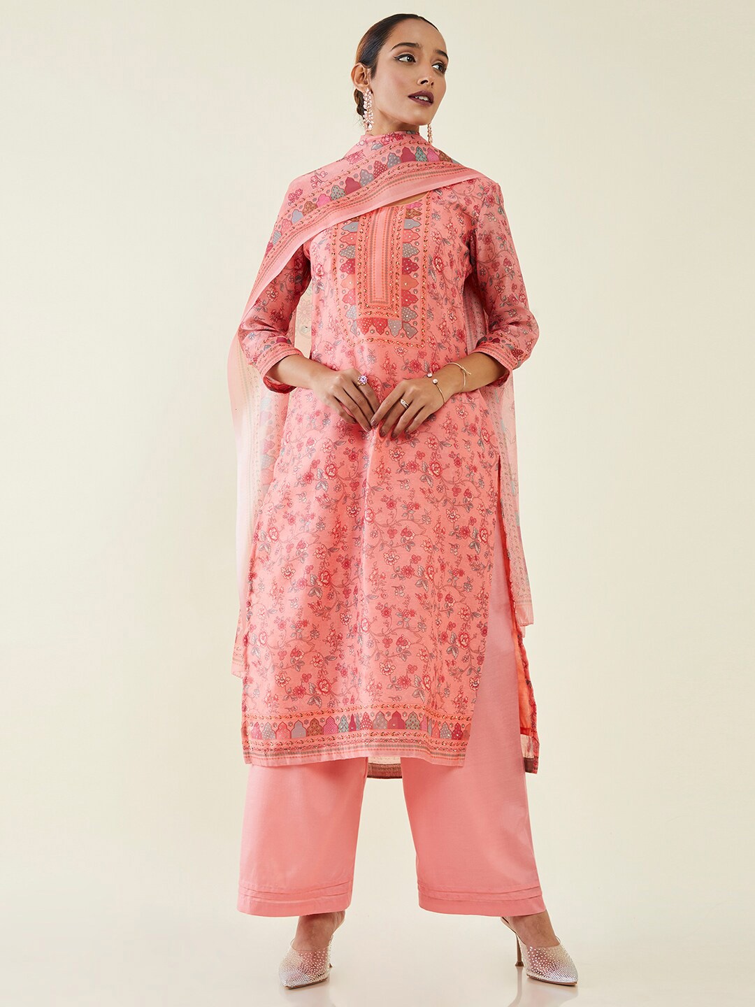 

Soch Printed Beads & Stones Pure Silk Unstitched Dress Material, Coral
