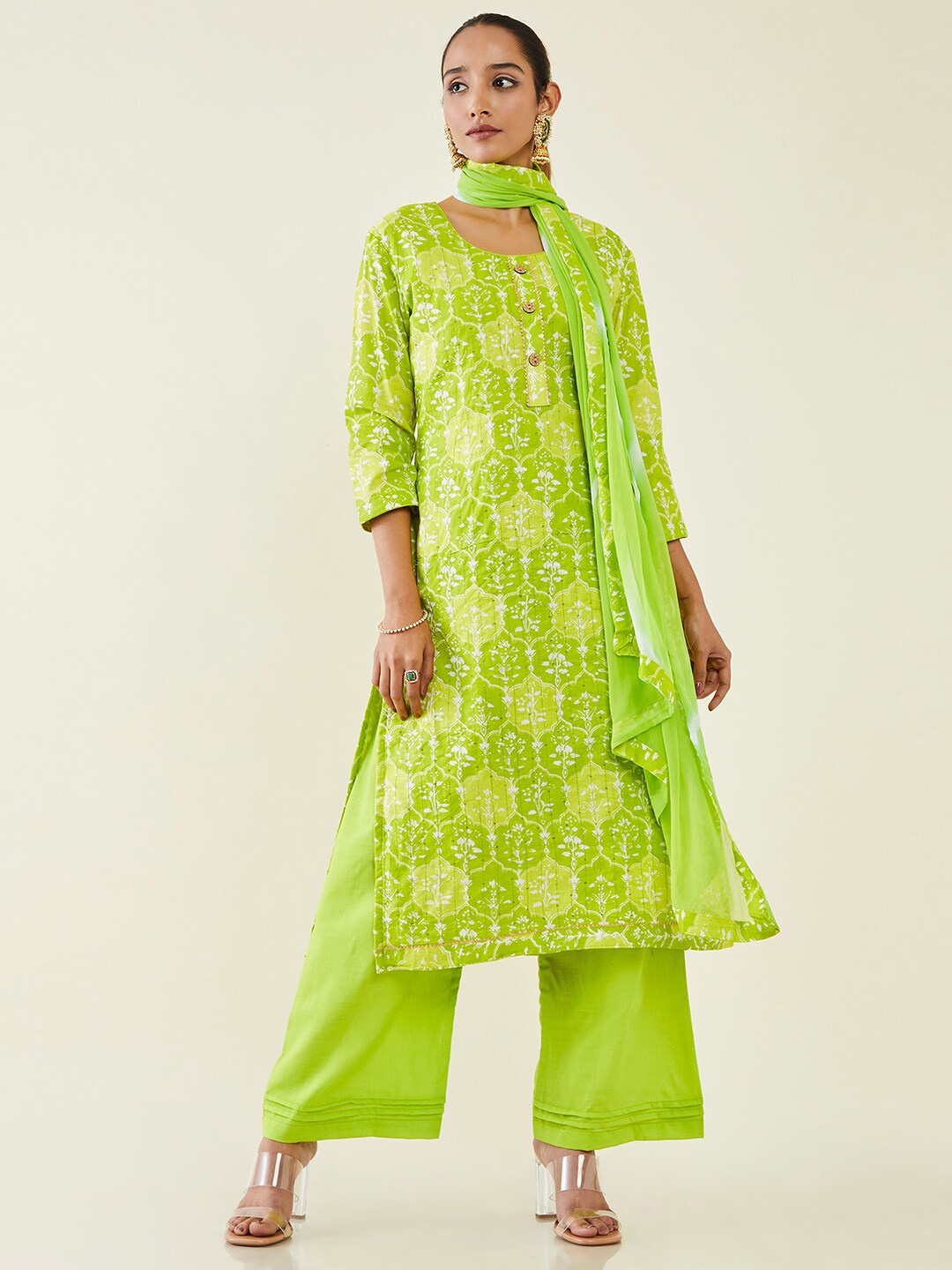 

Soch Printed Sequinned Pure Cotton Unstitched Dress Material, Green
