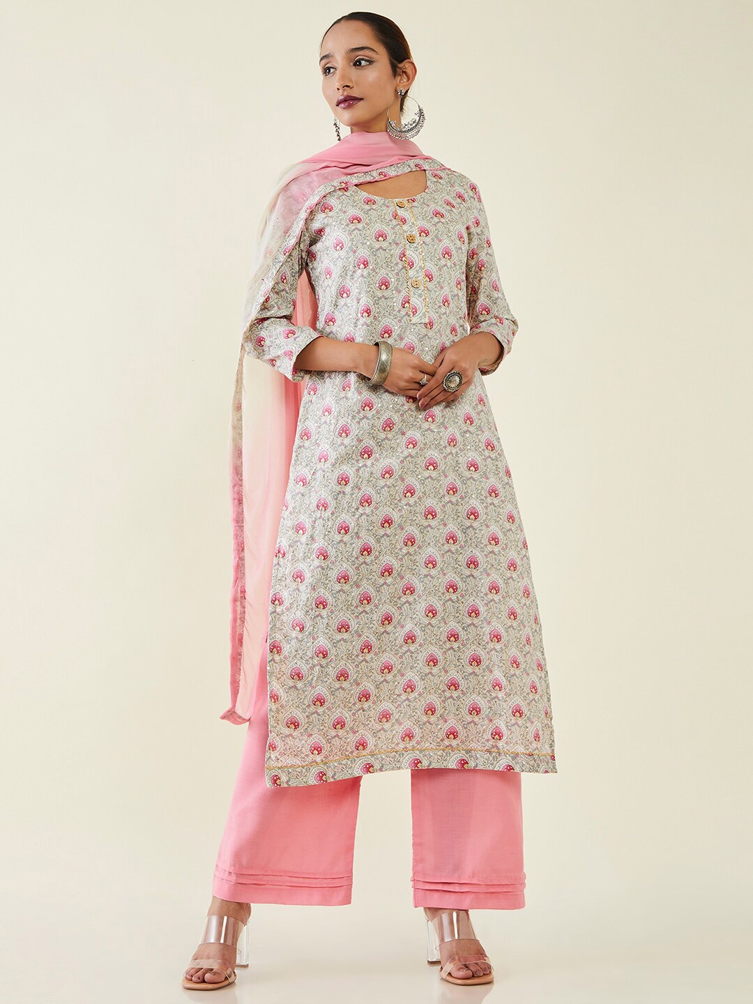 

Soch Printed Sequinned Pure Cotton Unstitched Dress Material, Grey