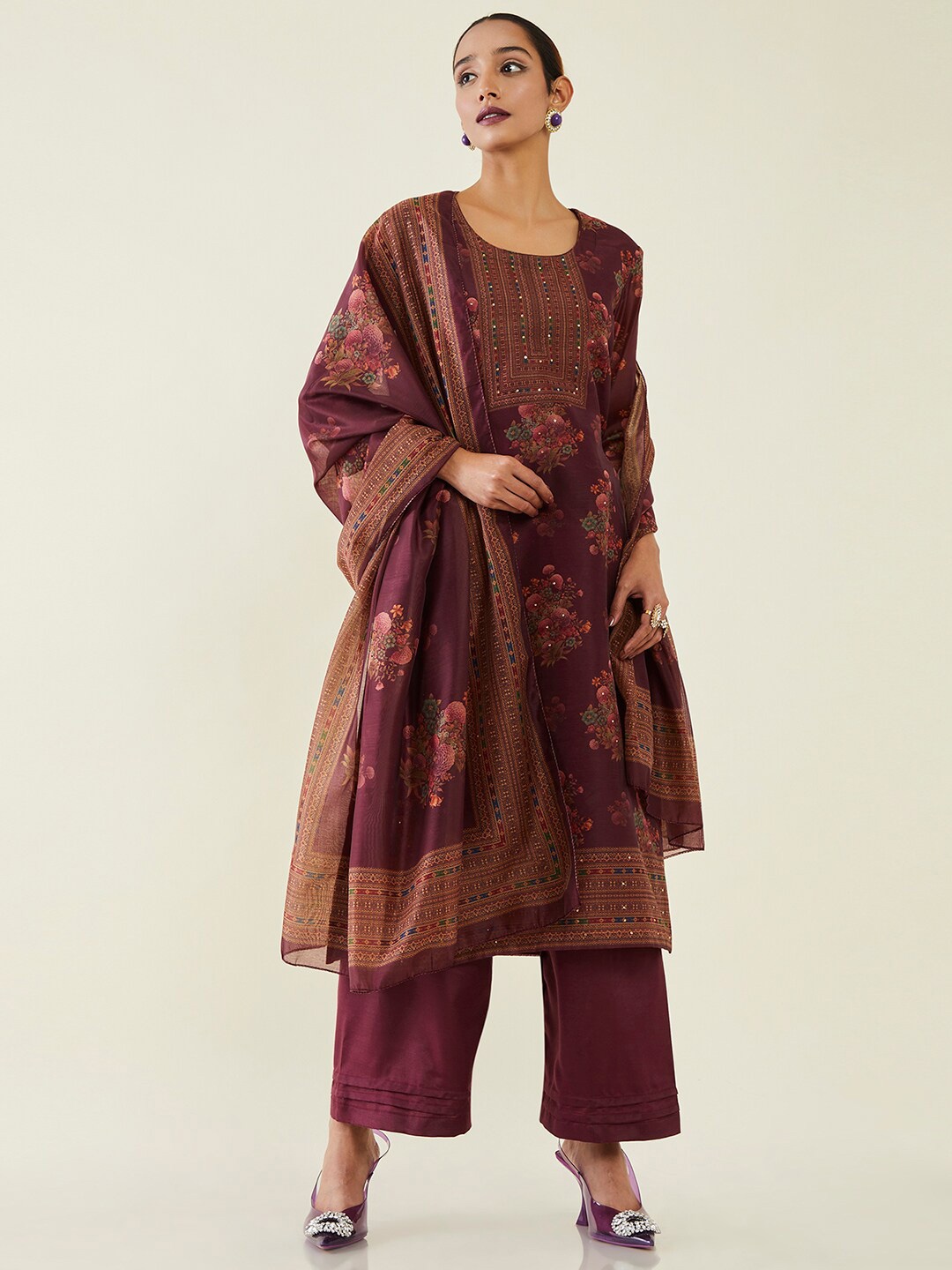 

Soch Printed Beads & Stones Pure Silk Unstitched Dress Material, Maroon