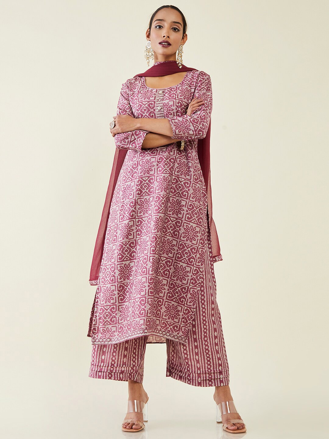 

Soch Printed Pure Cotton Unstitched Dress Material, Pink