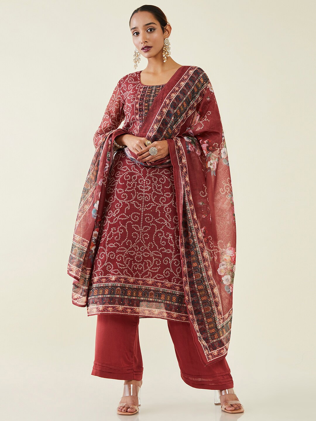 

Soch Bandhani Printed Pure Silk Unstitched Dress Material, Maroon