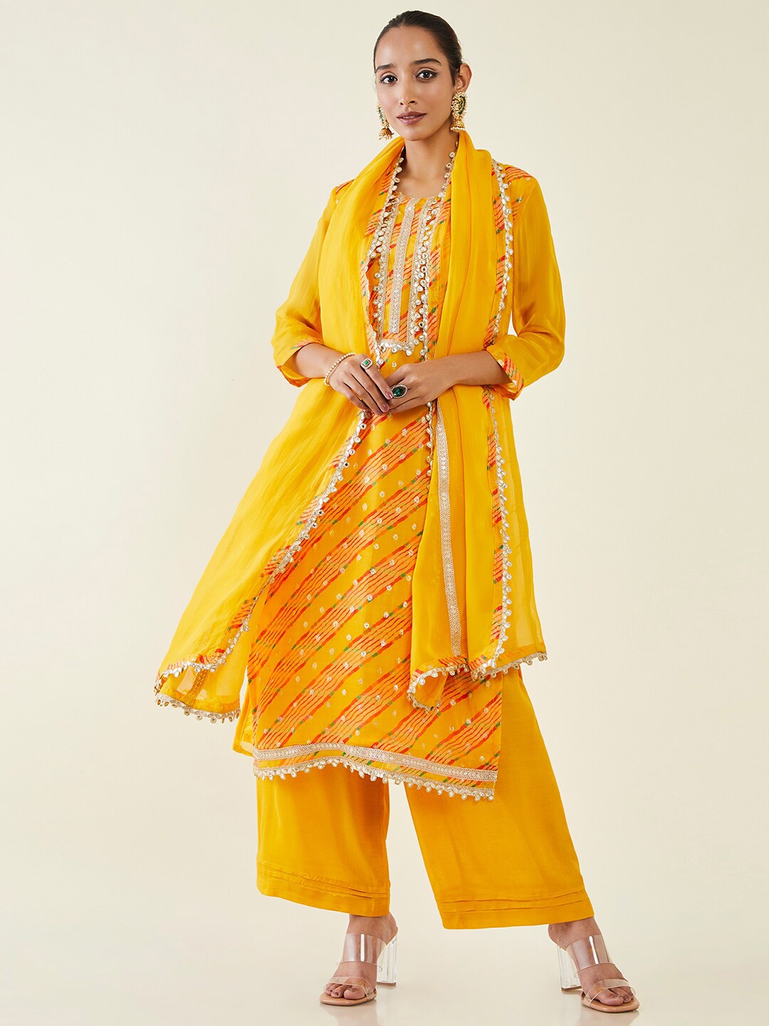 

Soch Leheriya Printed Gotta Patii Organza Unstitched Dress Material, Mustard