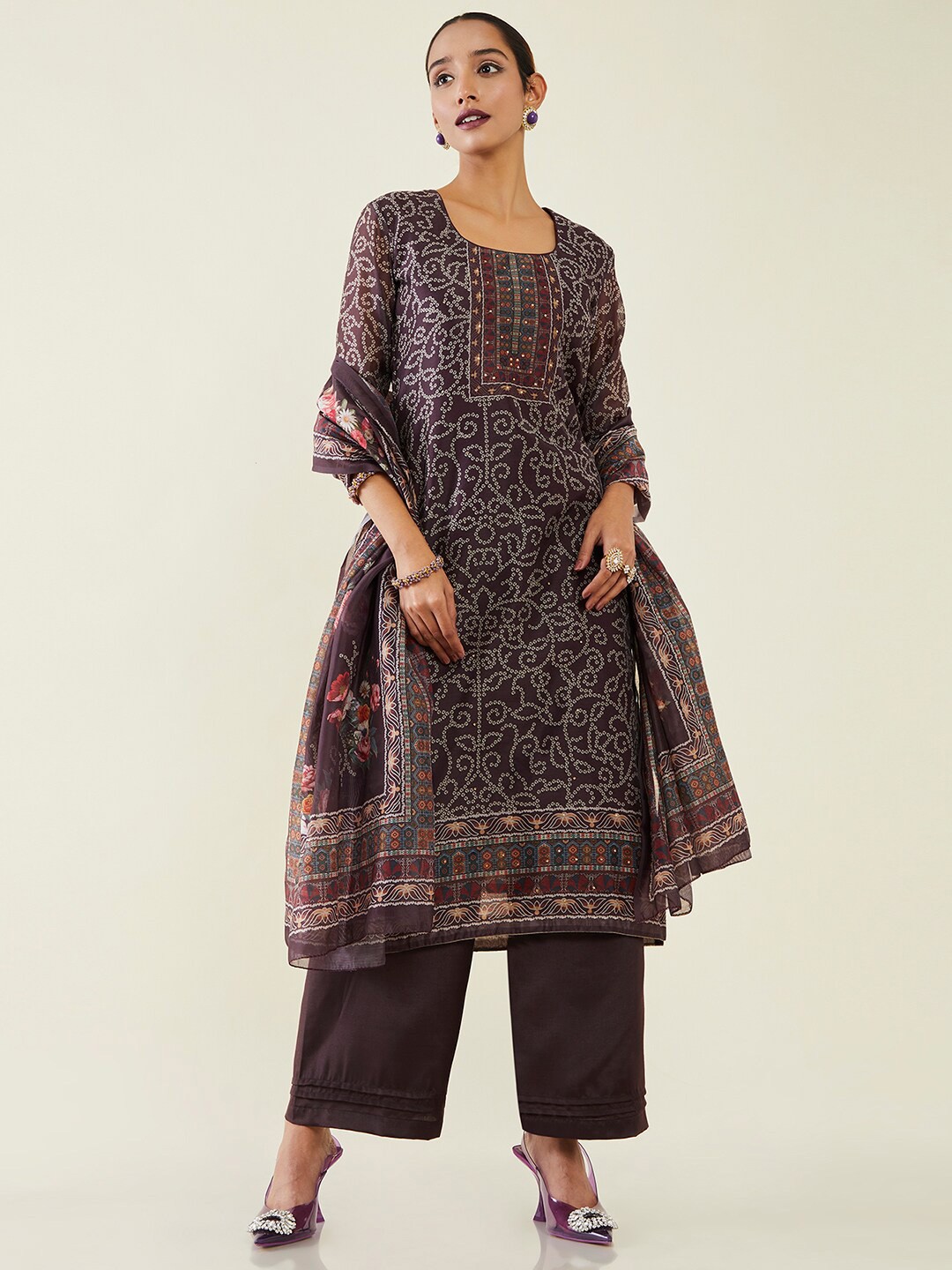 

Soch Bandhani Printed Pure Silk Unstitched Dress Material, Brown