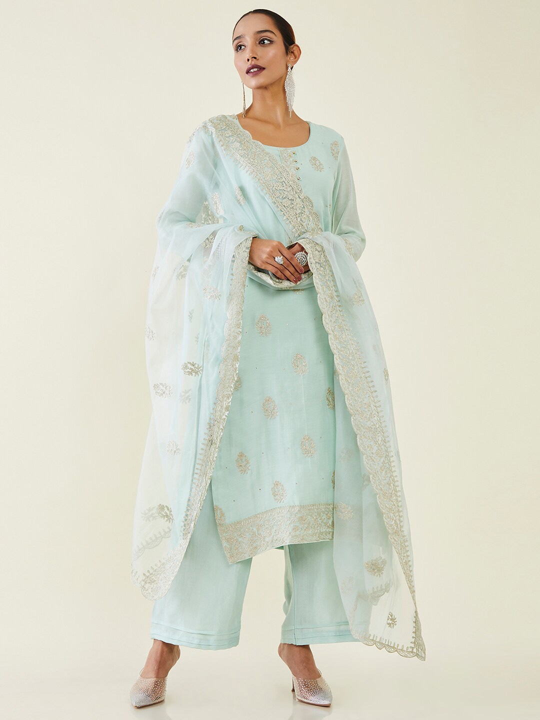 

Soch Zari Ethnic Motif Embroidered Pure Cotton Unstitched Dress Material, Blue