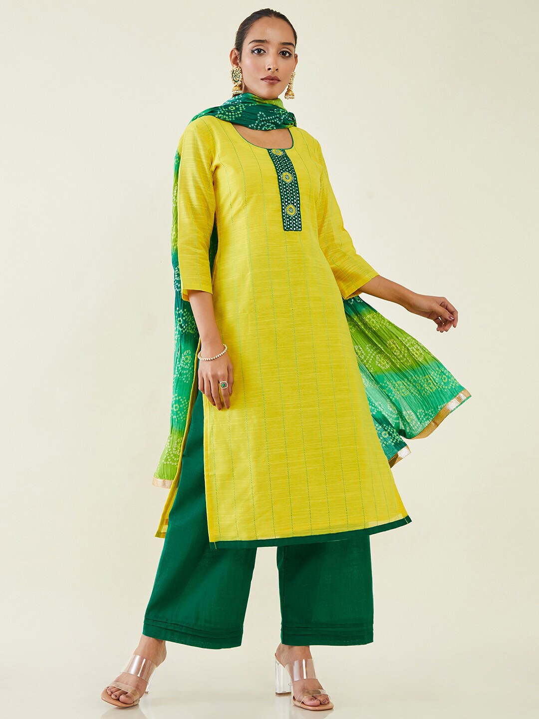 

Soch Striped Embroidered With Mirror Work Unstitched Dress Material, Yellow