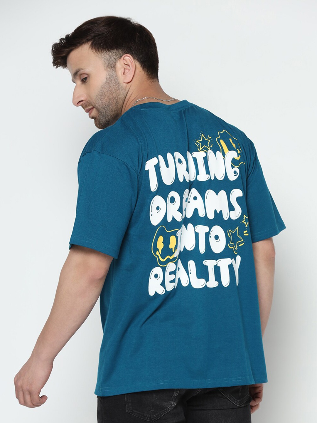 

GRITSTONES Typography Printed Round Neck Cotton Oversize T-shirt, Teal