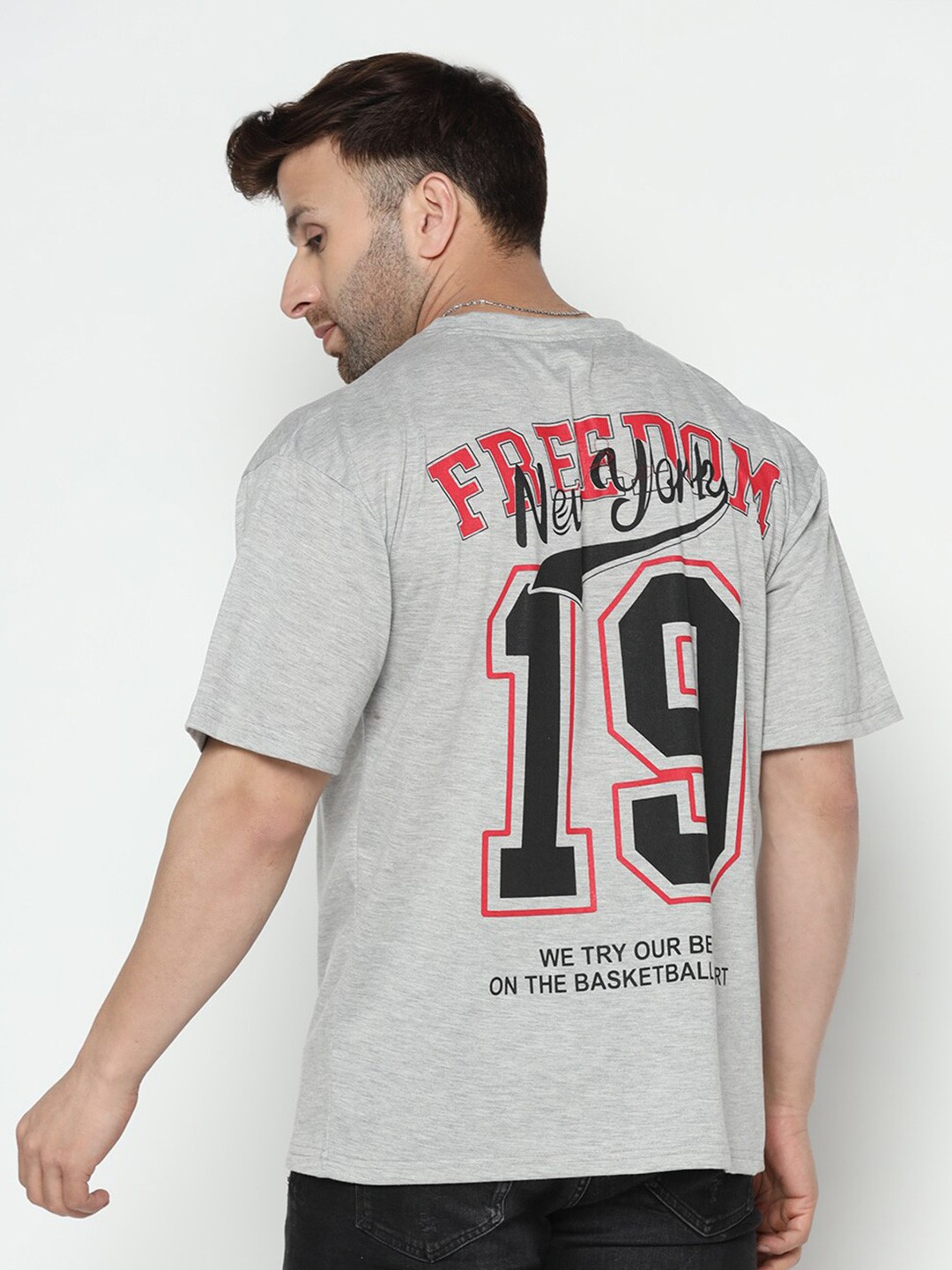

GRITSTONES Typography Printed Cotton Oversize Fit T-shirt, Grey melange
