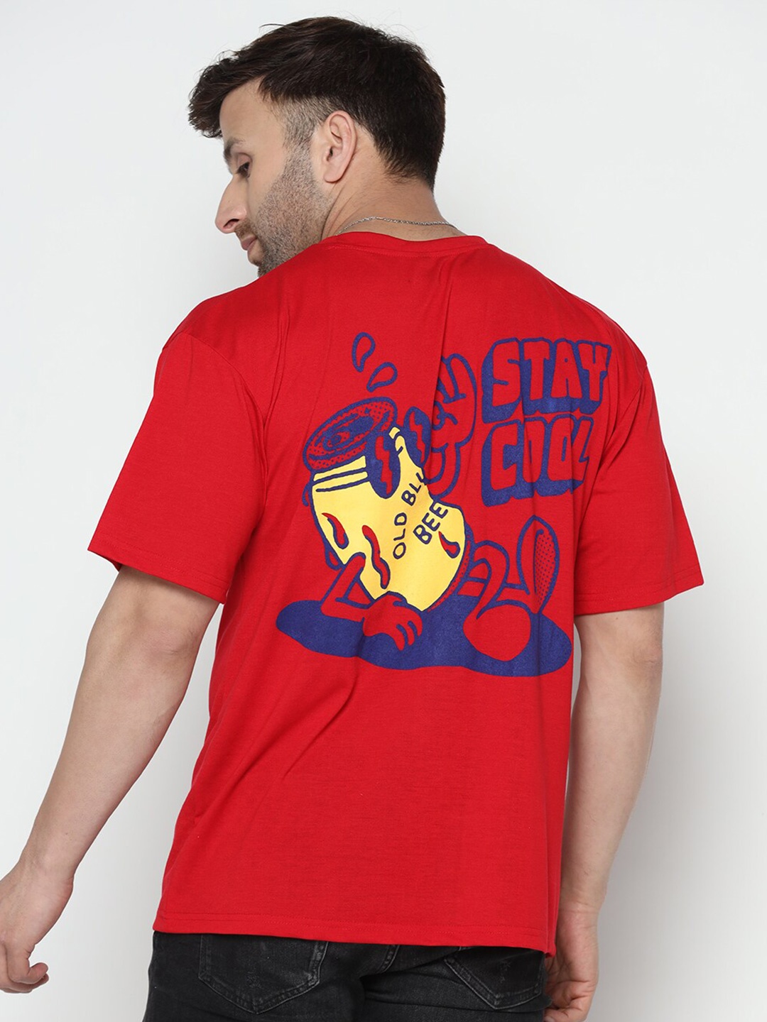 

GRITSTONES Typography Printed Round Neck Cotton Oversize T-shirt, Red
