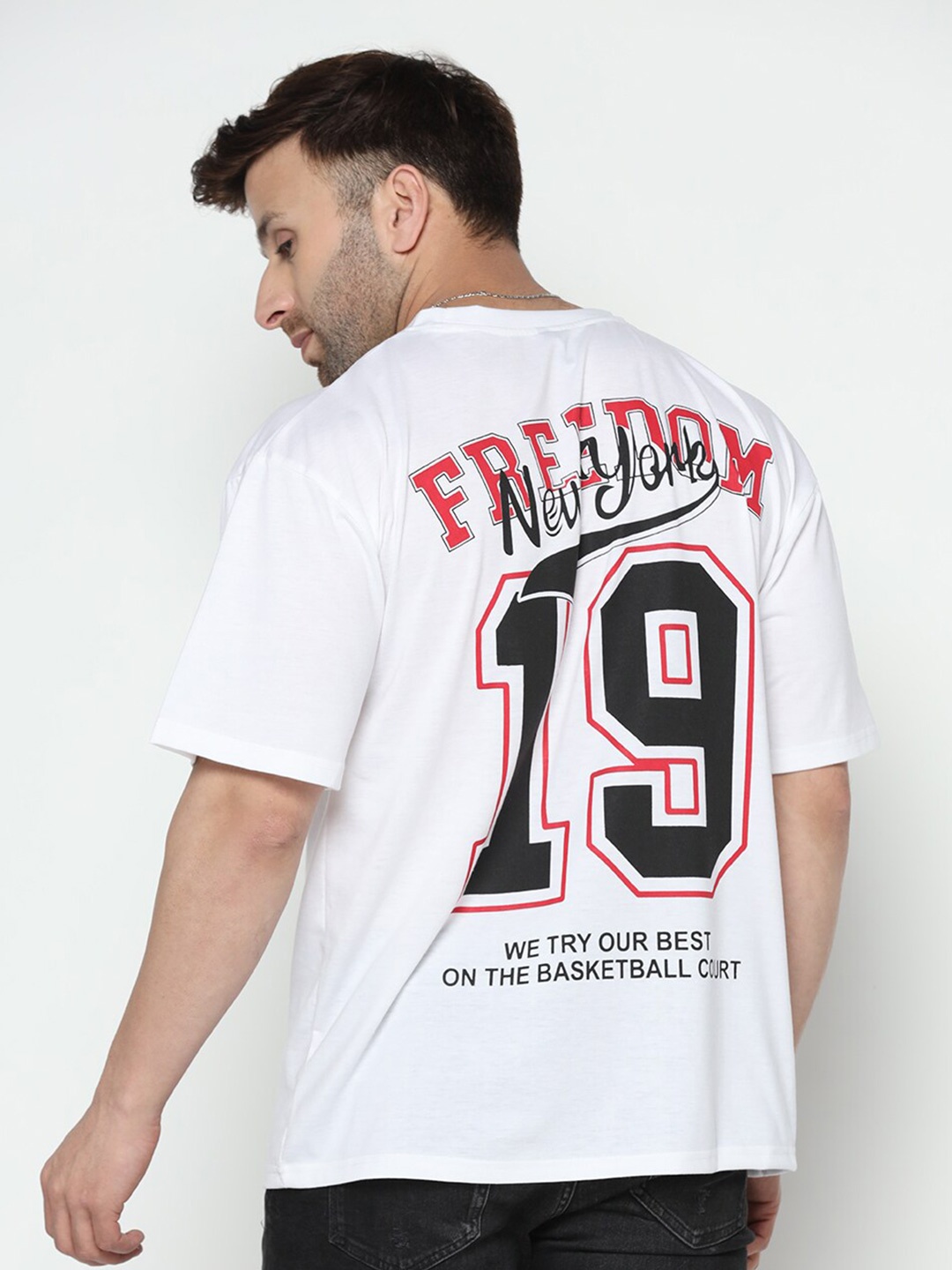 

GRITSTONES Men Typography Printed Oversize Fitted Cotton T-shirt, White