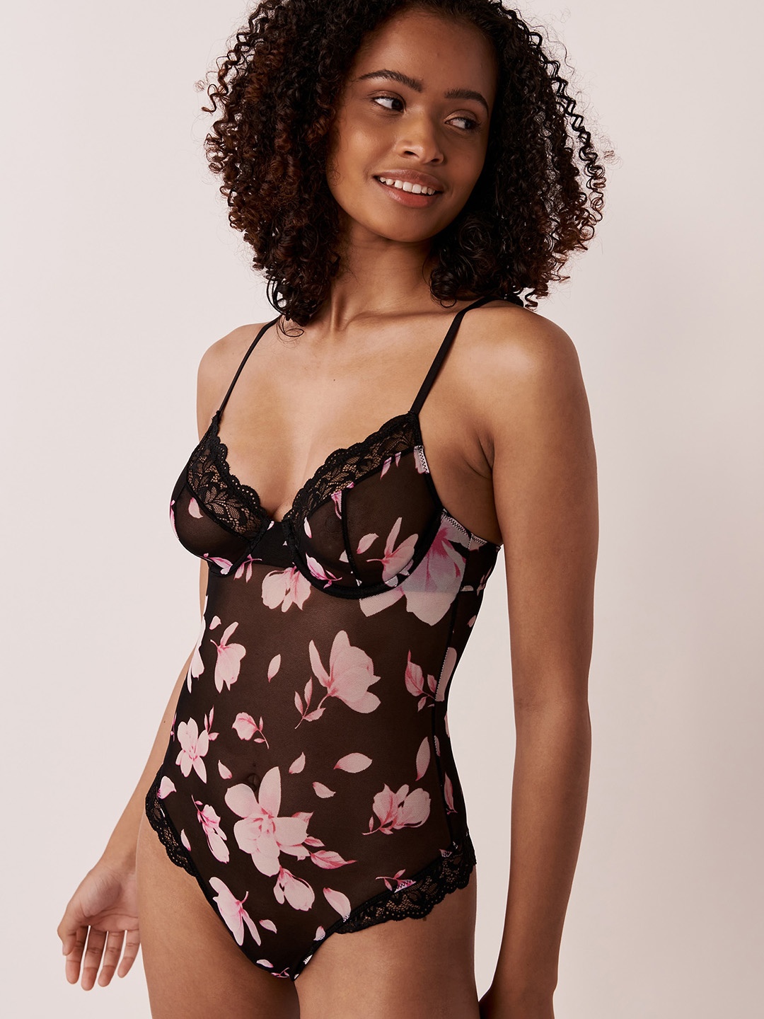 

La Vie en Rose Floral Printed Laced Bodysuit, Black