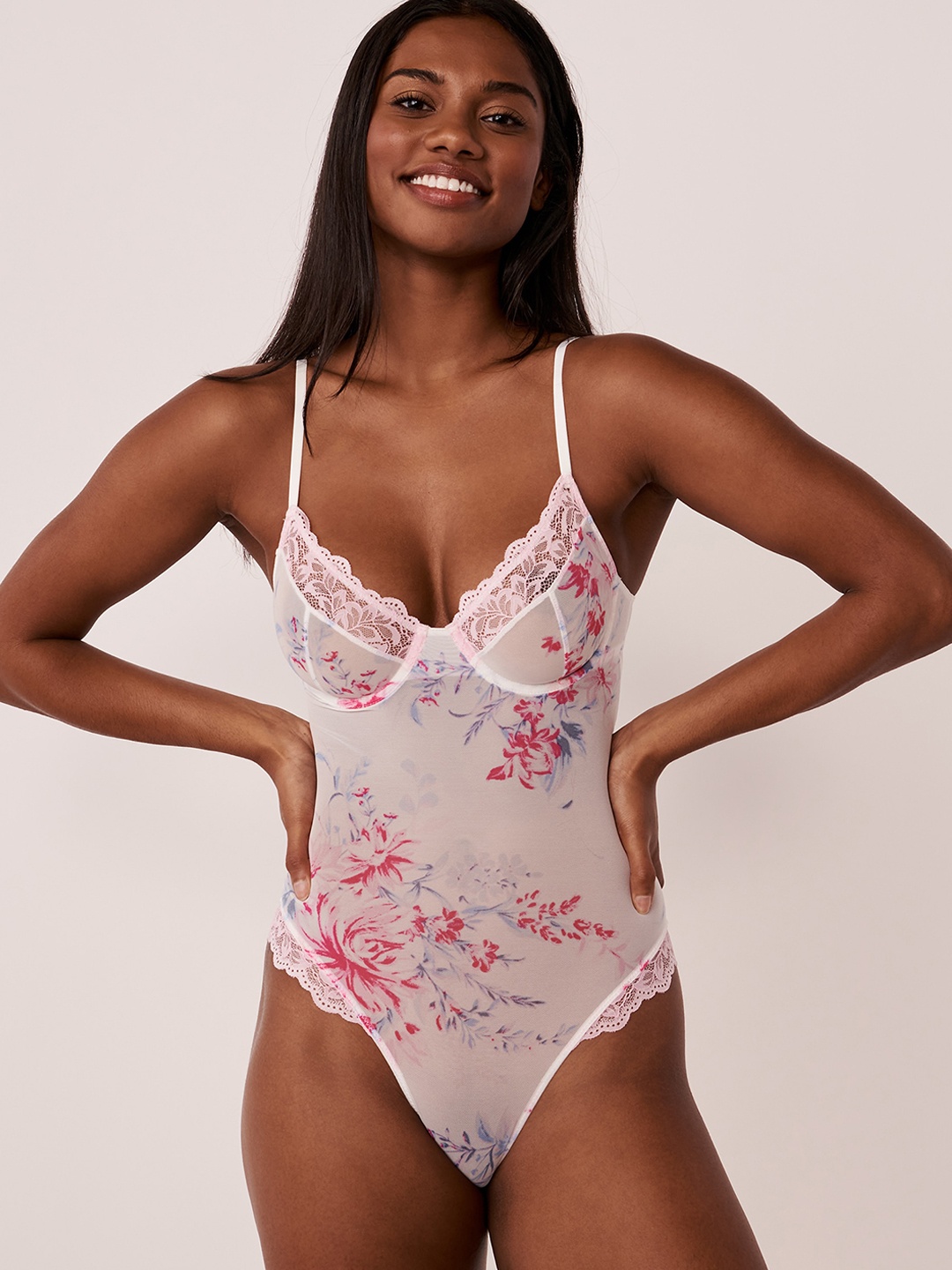 

La Vie en Rose Floral Printed Laced Bodysuit, Pink