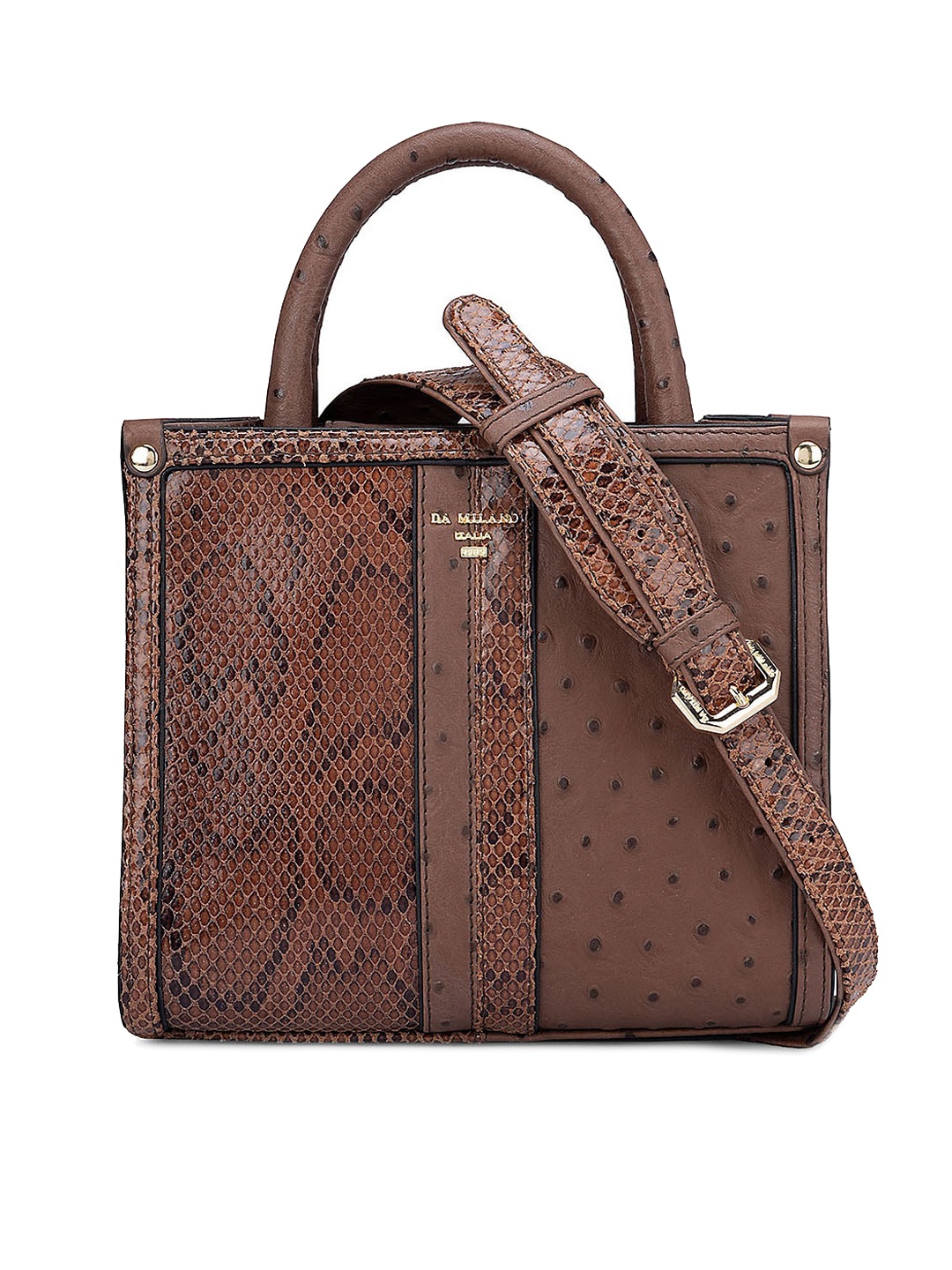 

Da Milano Textured Leather Structured Handheld Bag with Cut Work, Brown