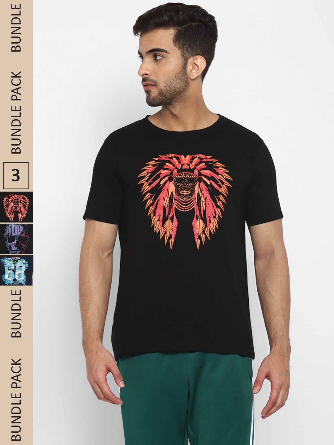 

appulse Pack of 3 Printed Round Neck Cotton T-shirts, Black