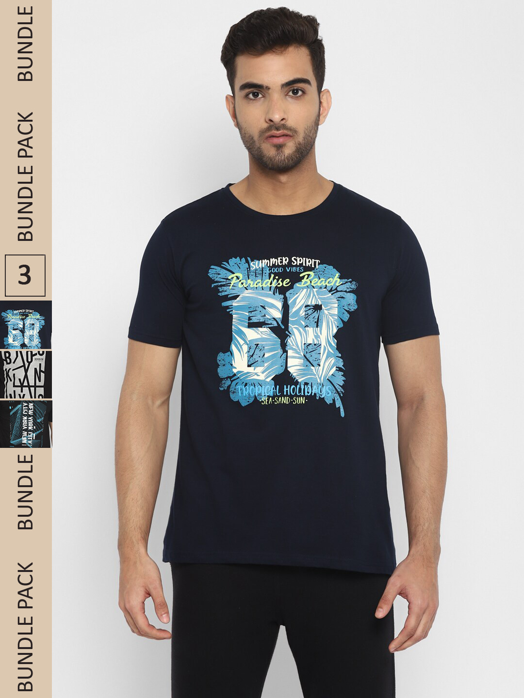 

appulse Pack of 3 Typography Printed Cotton T-shirt, Navy blue