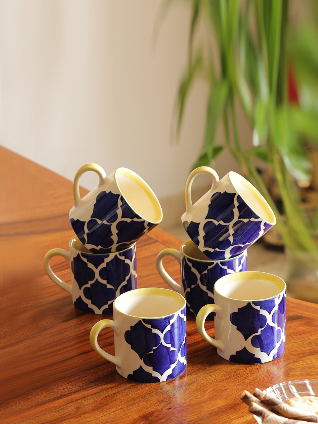 

ExclusiveLane Blue & White 6 Pcs Printed Ceramic Glossy Cups 200 ml Each