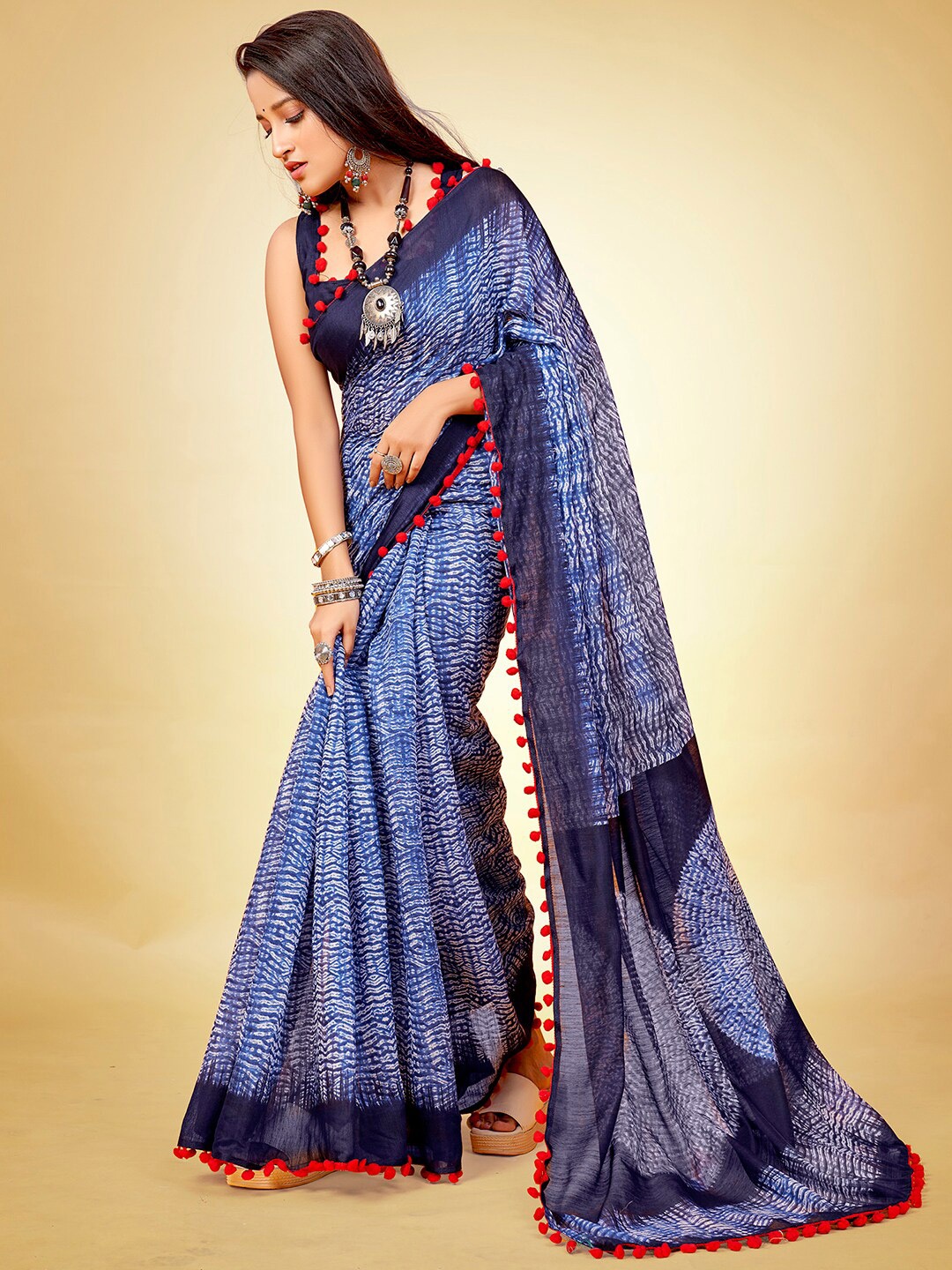 

Anouk Abstract Printed Embellished Bordered Saree, Navy blue
