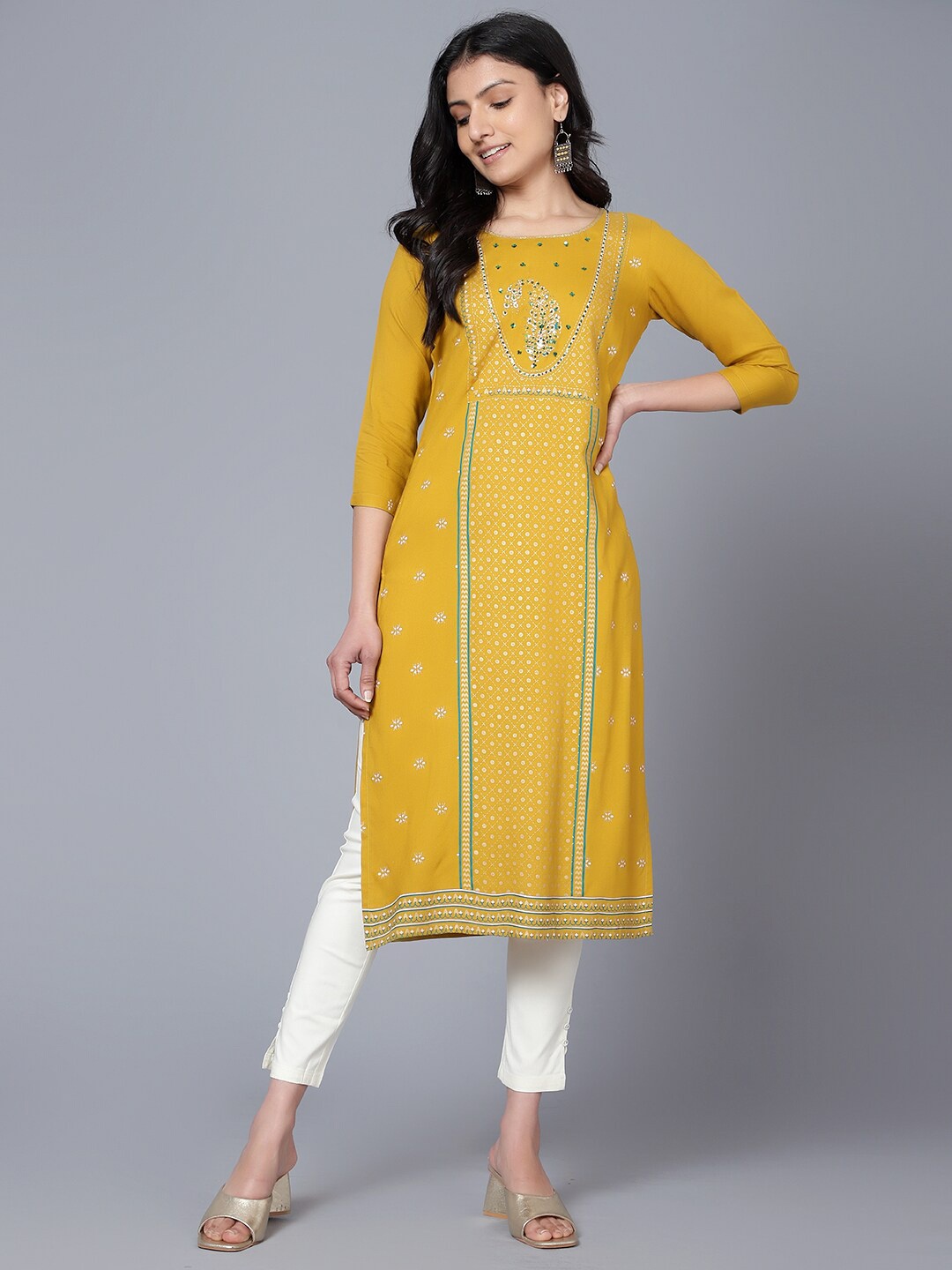 

Bani Women Mustard Yellow & White Floral Printed Liva Kurta