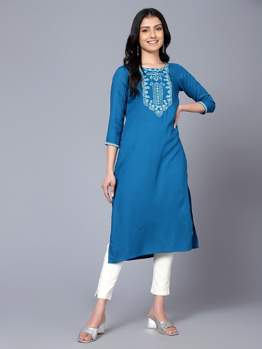 

Bani Women Embroidered Boat Neck Straight Kurta, Blue