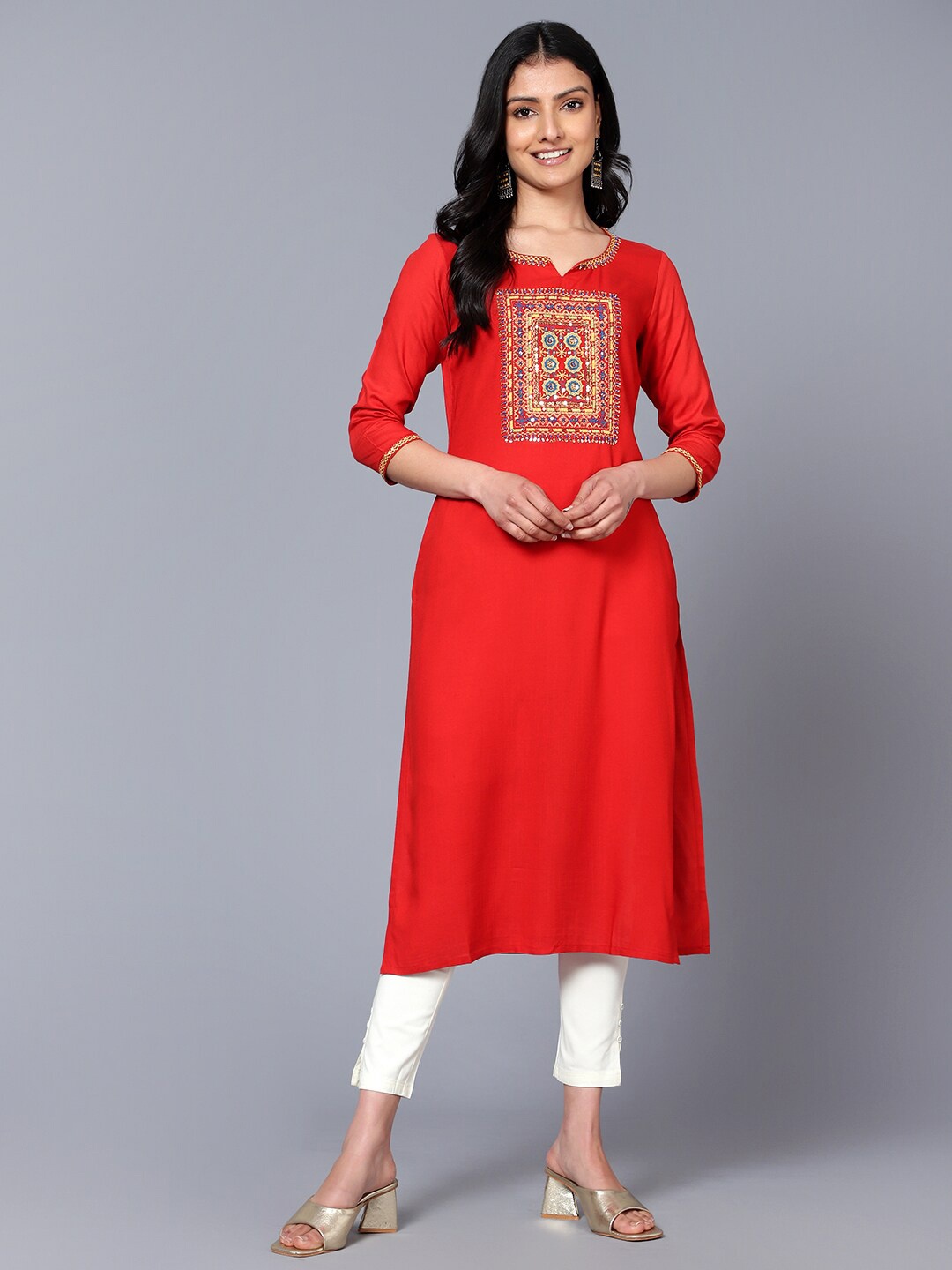 

Bani Ethnic Motifs Embroidered Sequined Straight Kurta, Coral