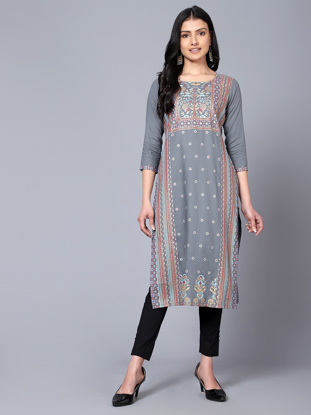 

Bani Women Floral Printed Liva Kurta, Grey